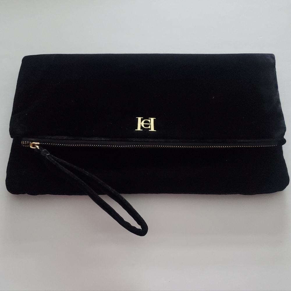 CAROLINA HERRERA Elegant Black Velvet Large Fold-over Evening Clutch Bag Zip Top